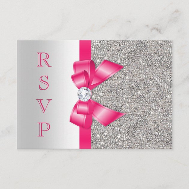 Hot Pink Faux Bow & Diamonds RSVP (front side)