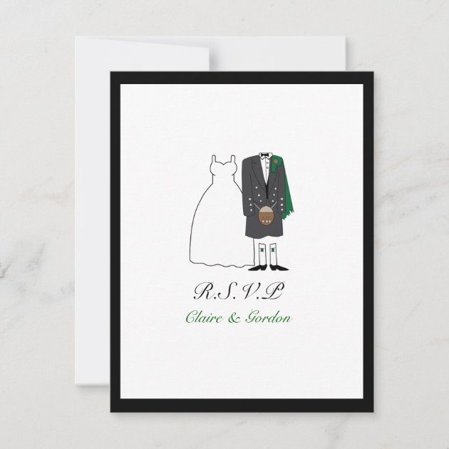 Scottish Kilt Bride & Groom Wedding RSVP -green