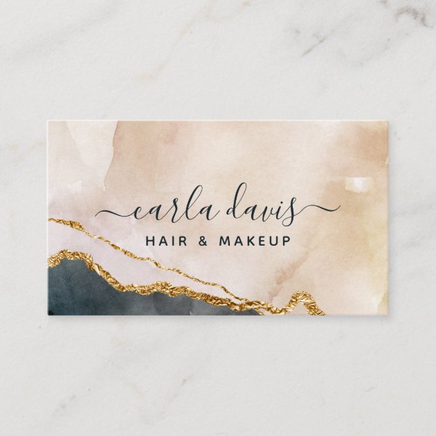 Signature Script Watercolor Pink Black Gold Marble Business Card (front side)
