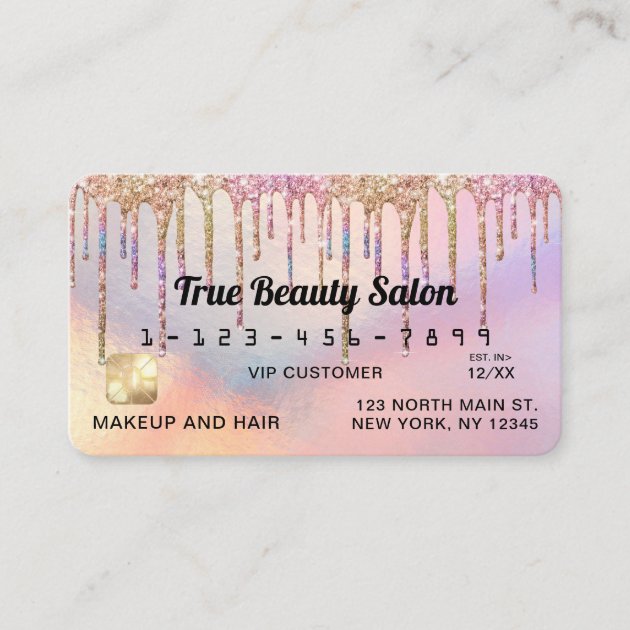 Rainbow Holographic Glitter Drips Credit Business Card (front side)