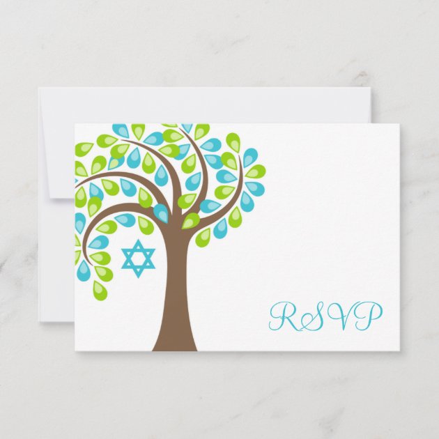 Modern Tree of Life Teal Green Bat Mitzvah RSVP (front side)