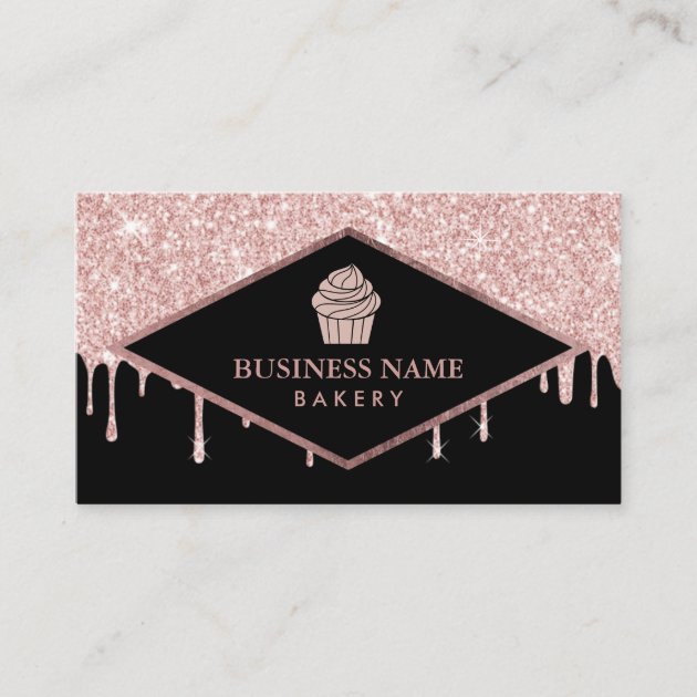 Cupcake Pastry Cake Bakery Rose Gold Glitter Drips Business Card (front side)