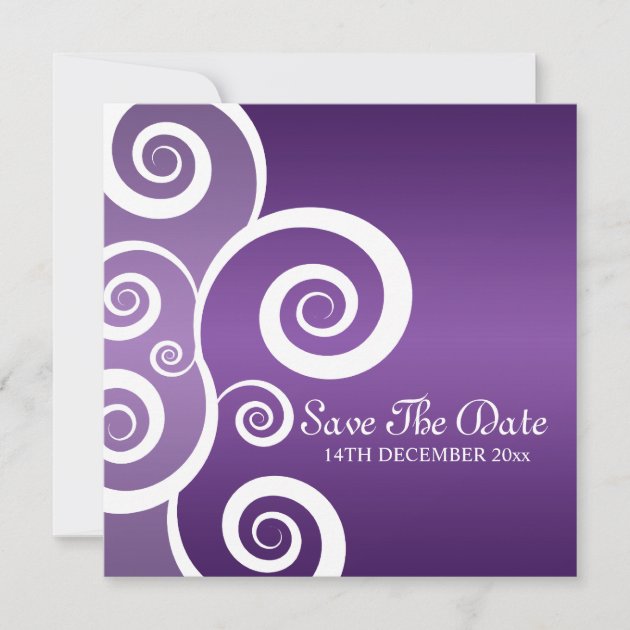 Elegant Wedding White Swirls Purple Save The Date (front side)