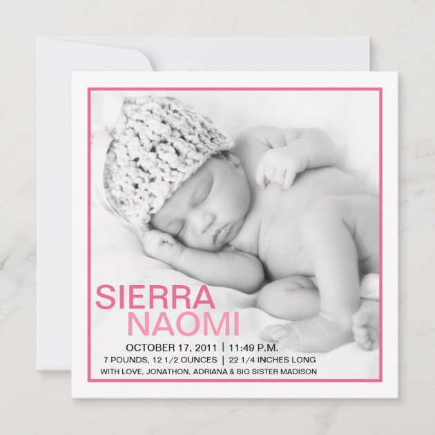 Berry Pink Sweet Dreams Photo Birth Announcements (front side)