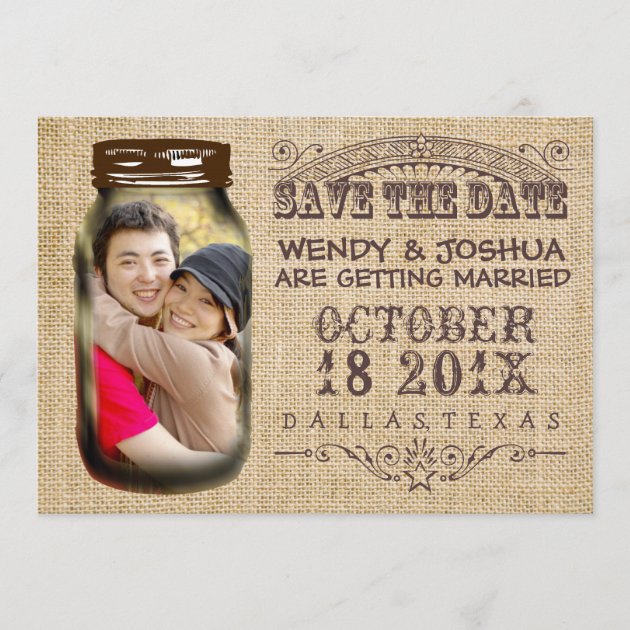 Save The Date Mason Jar Burlap Rustic Wedding