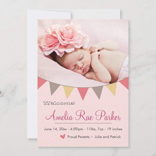 Pink Heart & Banner - New Baby Birth Announcement (front side)