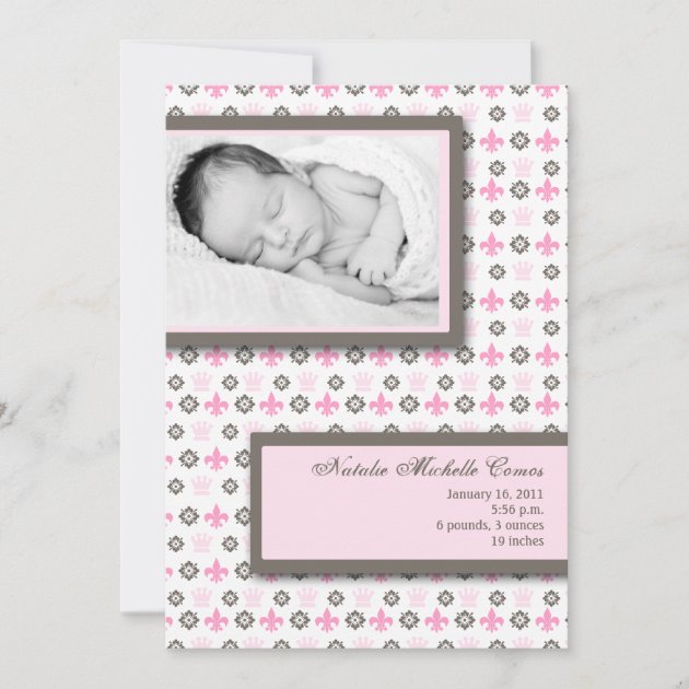 5x7 Girl Pink Fleur De Li Photo Birth Announcement (front side)