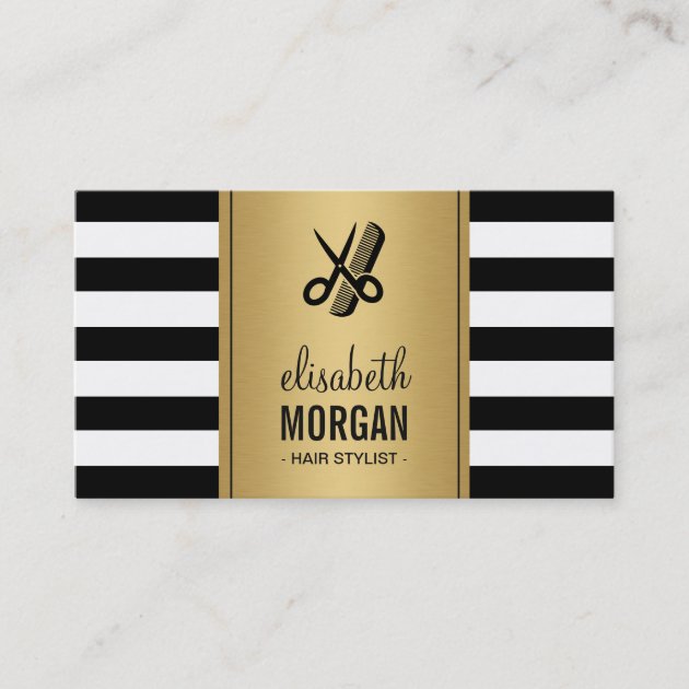 Hair Stylist Logo Elegant Gold Black White Stripes Business Card (front side)