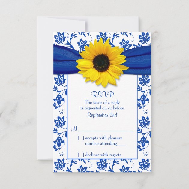 Royal Blue Damask Sunflower Wedding RSVP Card