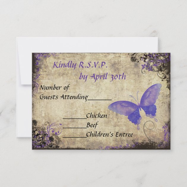 Purple Butterfly Vintage Wedding RSVP Invitation