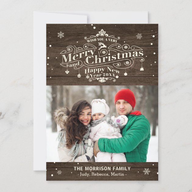 Rustic Wood Typography Merry Christmas Photo Holiday Card (front side)