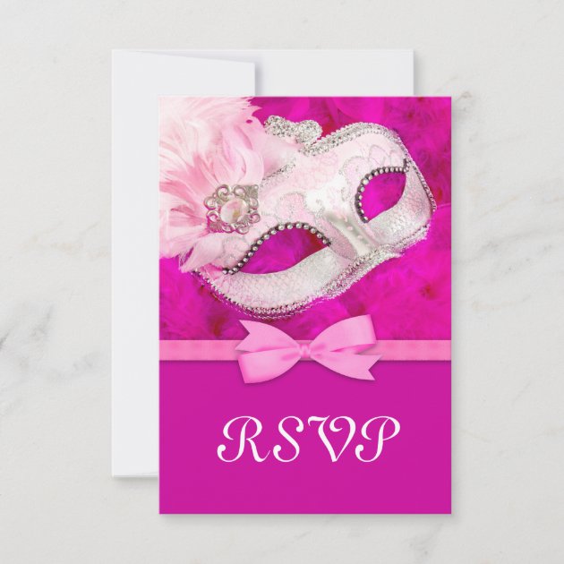 Hot Pink Feather Mask Masquerade Party RSVP