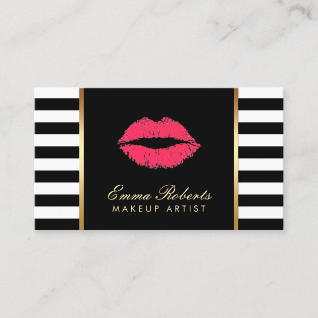Makeup Artist Red Lips Modern Black White Stripes Business Card (front side)