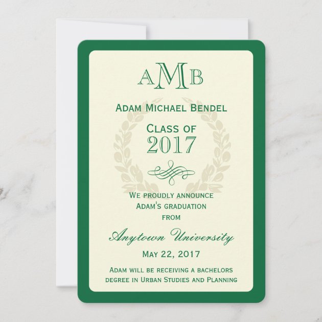 Green Elegant Monogram Graduation Announcement (front side)