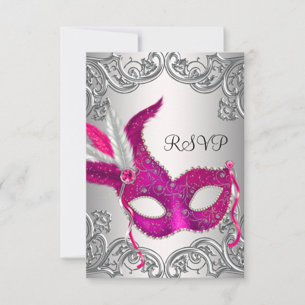 Hot Pink Silver Mask Masquerade Party RSVP (front side)