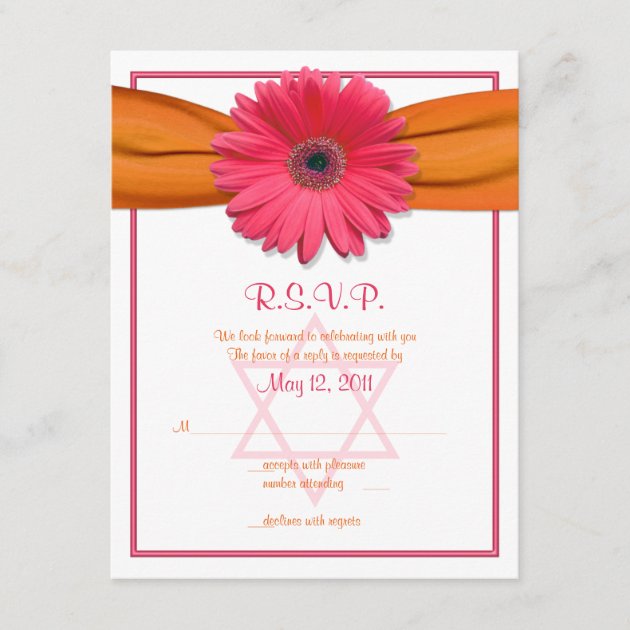 Pink Gerbera Orange Ribbon Bat Mitzvah Reply Card