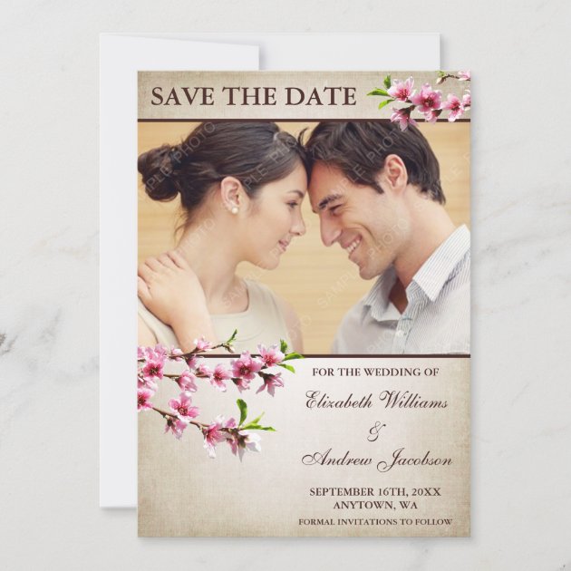 Pink Cherry Blossoms Tan Photo Save the Date