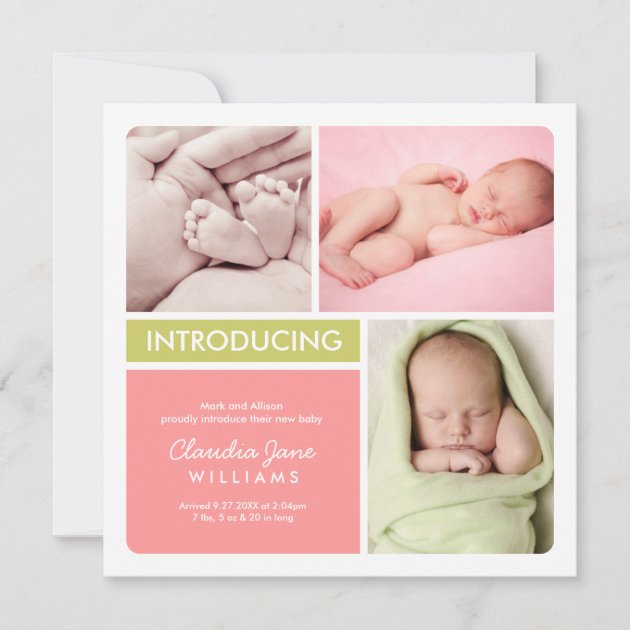 Multi-Photo Birth Announcement Card | Pink Green (front side)