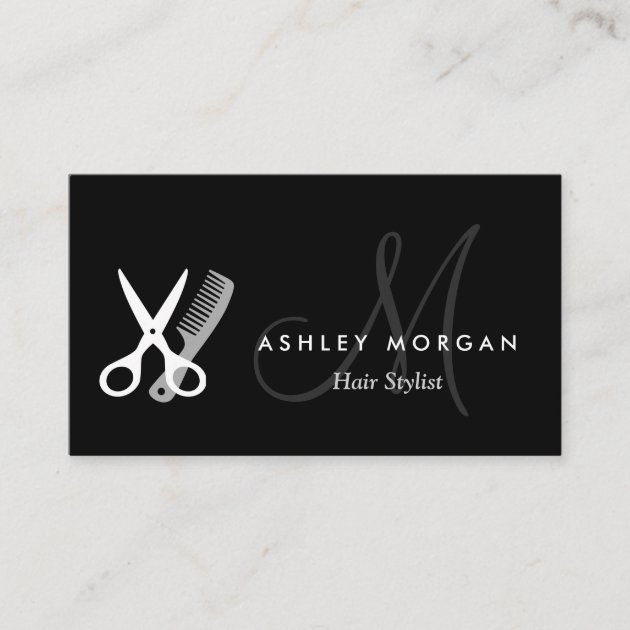 Black White Monogrammed - Hair Salon Hairstylist Business Card (front side)
