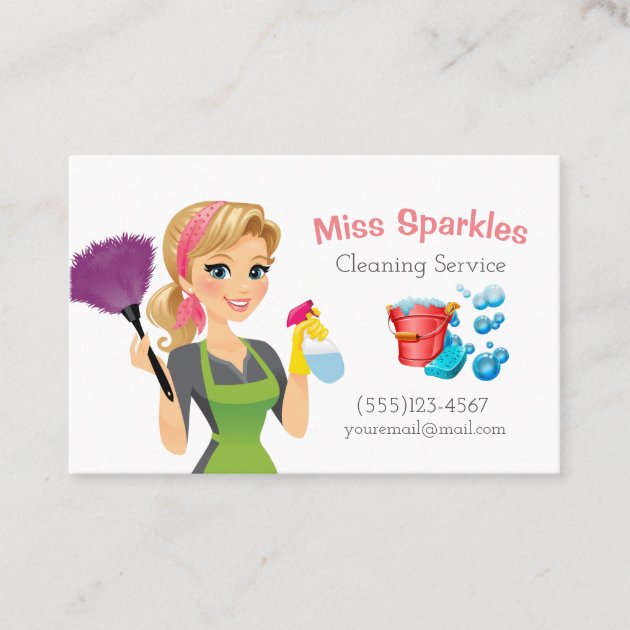 Cute Cartoon Maid House Cleaning Services Business Card (front side)