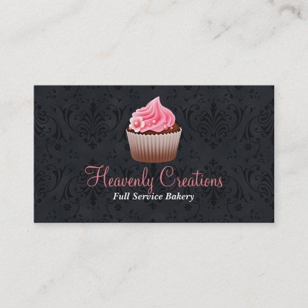 Chic Damask and Cupcake Bakery Business Card (front side)