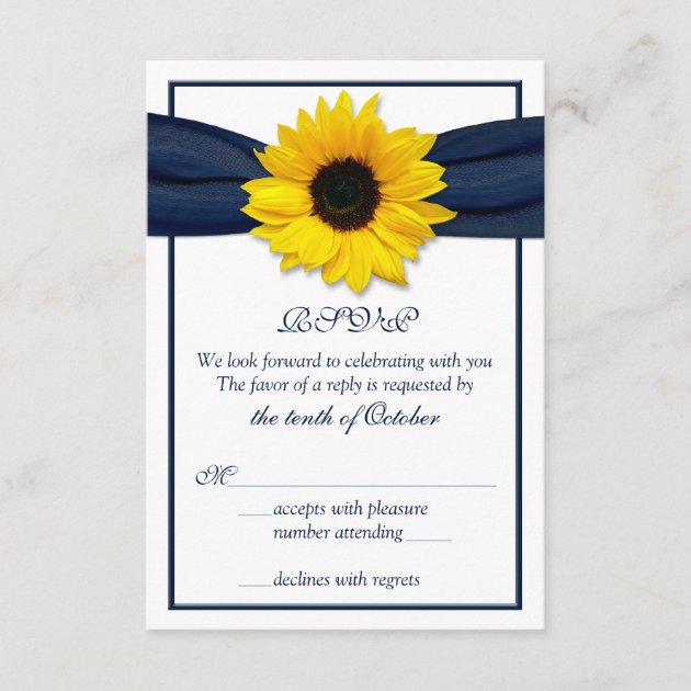 Sunflower Navy Blue Ribbon Wedding RSVP Card