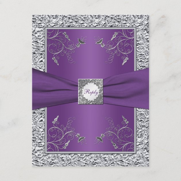 Purple and FAUX Silver Foil Floral RSVP Card