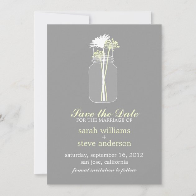 Flowers in Vintage Mason Jar Wedding Save the Date (front side)