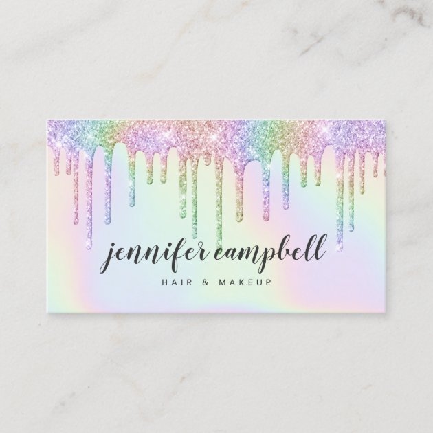 Holographic unicorn makeup hair glitter drips glam business card (front side)