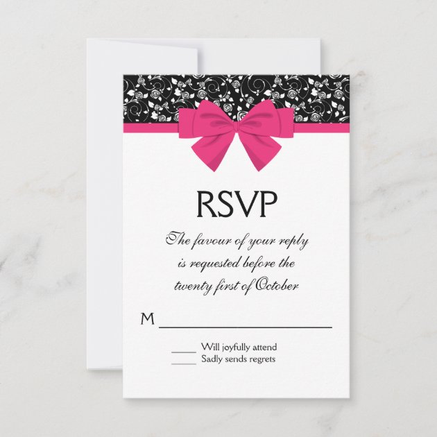 Black and White Roses Pink Bow RSVP Card (front side)
