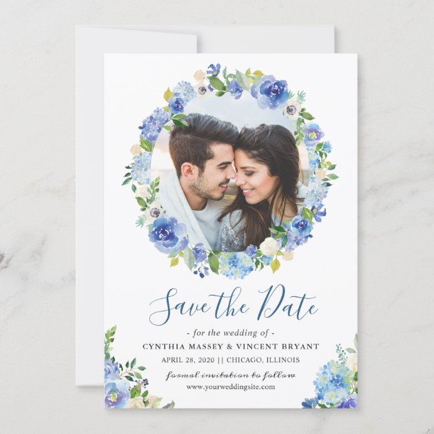 Navy Blue Hydrangeas Floral Wreath Save the Date (front side)