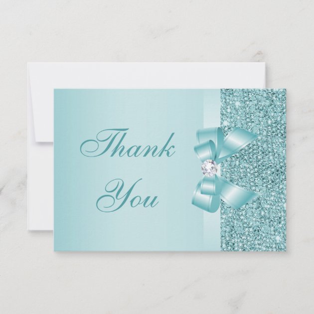 Teal Printed Sequins Bow & Diamond Thank You