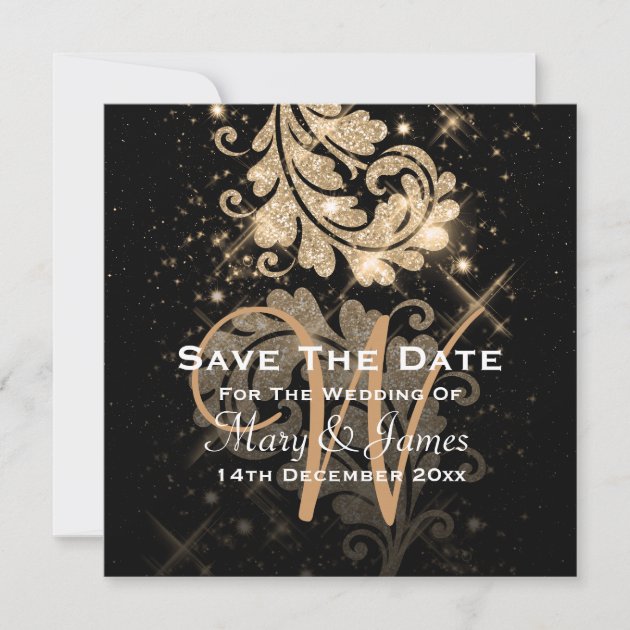 Wedding Save The Date Gold Glitter Floral Swirl