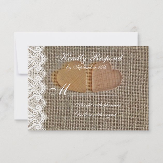 Rustic Country Hearts Burlap Lace Wedding RSVP