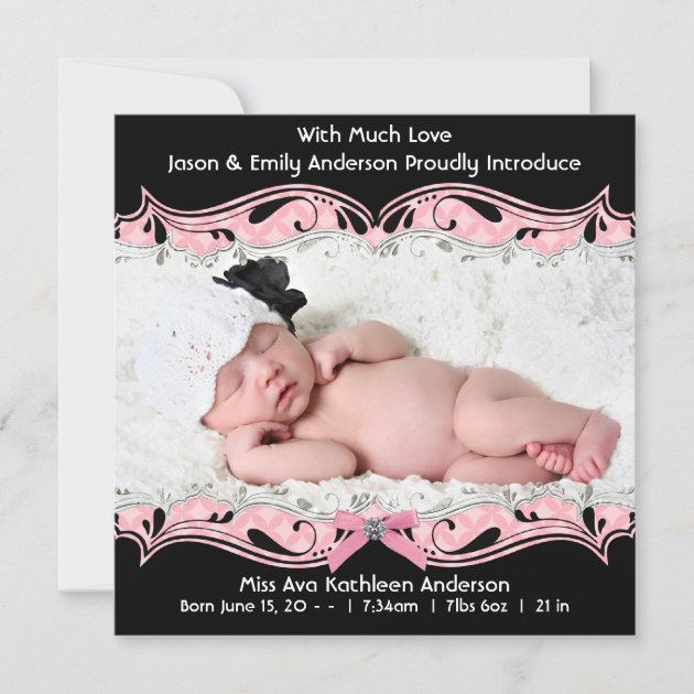 Pink Black Photo Baby Girl Birth Announcement