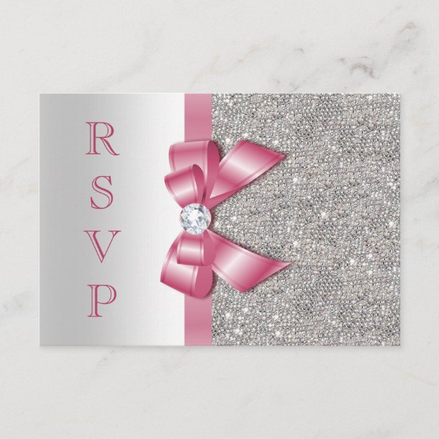 Pink Faux Bow & Diamonds RSVP (front side)