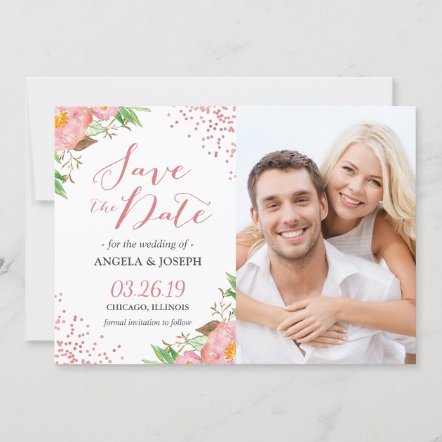 Romantic Pink Floral Confetti Photo Save the Date (front side)
