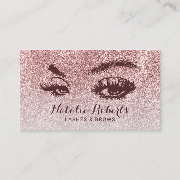 Trendy Rose Gold Glitter Lashes Eyelash Salon Business Card (front side)