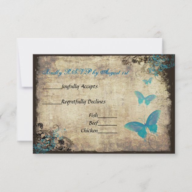 Blue Vintage Butterfly Wedding RSVP Card