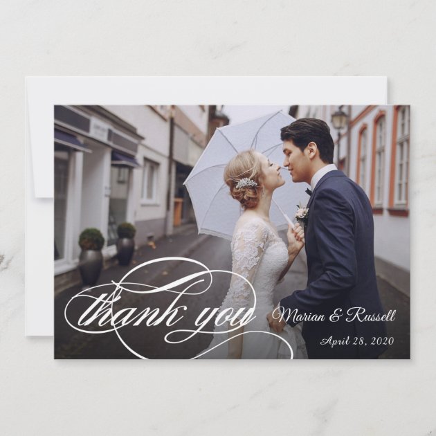 Stylish White Calligraphy Wedding Photo Thank You (front side)