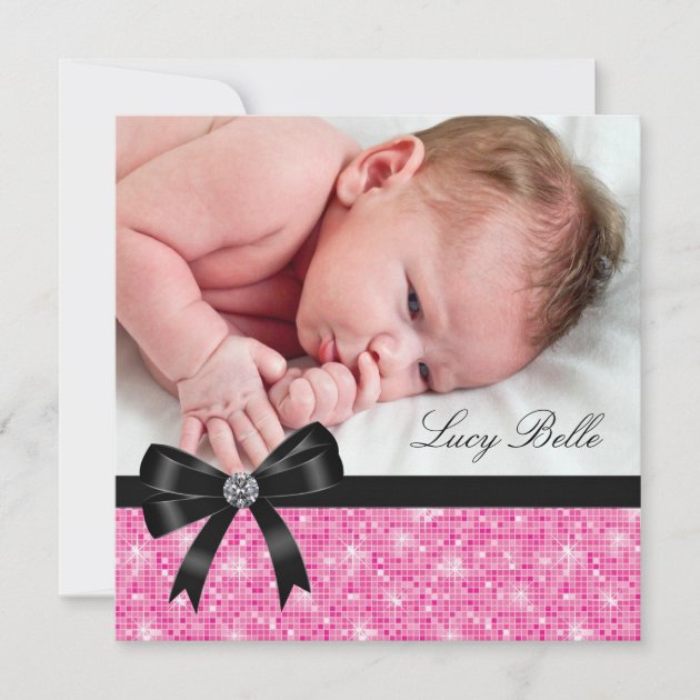 Pink Black Baby Girl Photo Birth Announcement