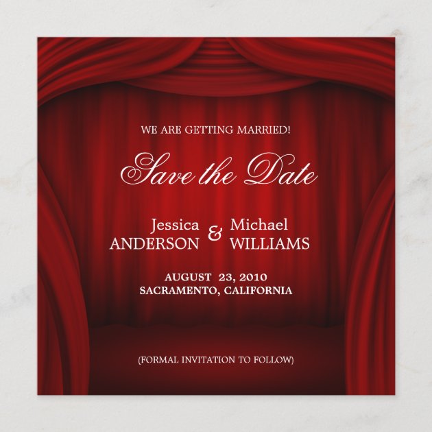 Red Curtain Save the Date announcement (front side)