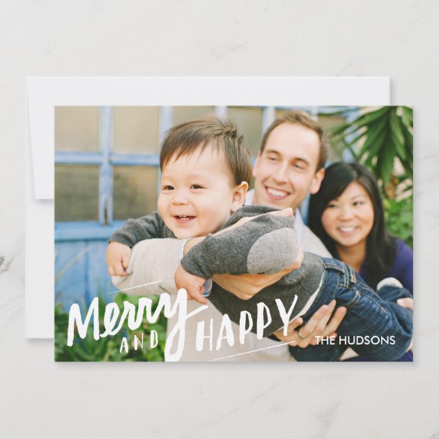 Hand-lettered Merry Happy Holiday Photo Card White