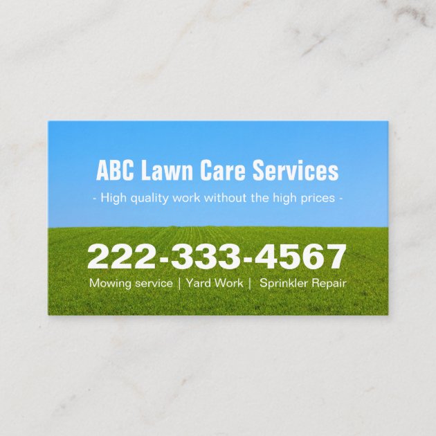 Mowing Lawn Care Green Field Grass Blue Sky Business Card (front side)