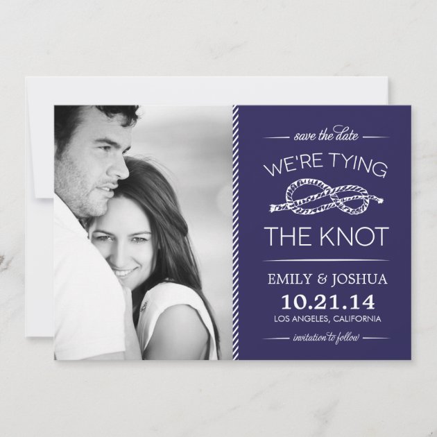 Navy Blue Tying the Knot Photo Save the Date (front side)