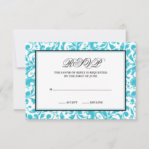Teal and Black Swirl Damask Response Card (front side)