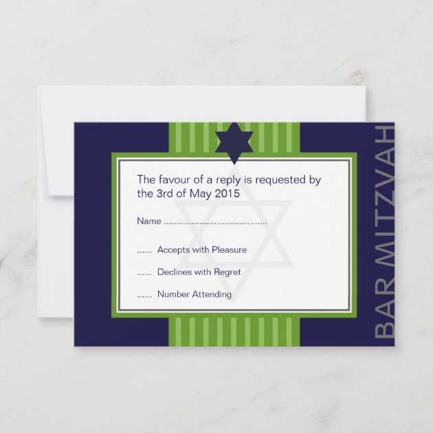 Star of David Bar Mitzvah green & blue ribbon RSVP (front side)