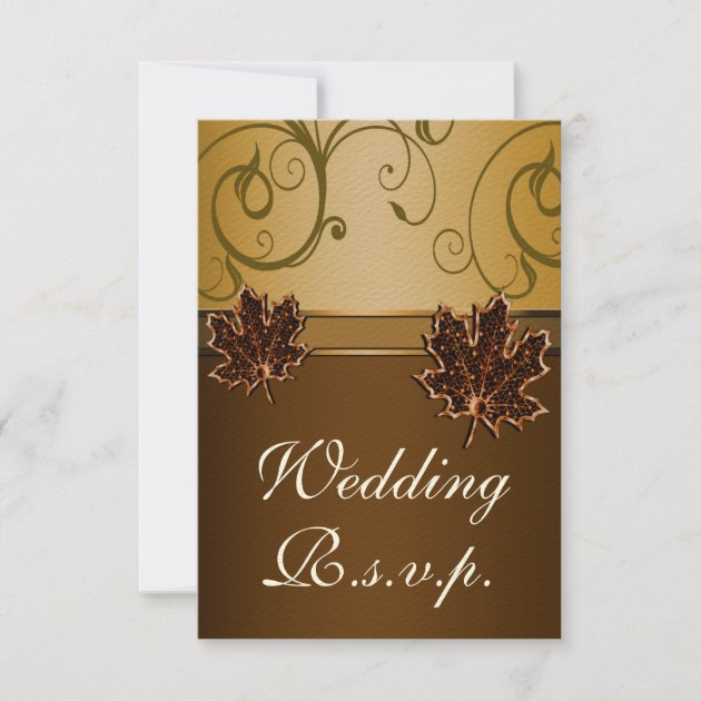Leaf Gold Chocolate Brown Fall Wedding RSVP Cards