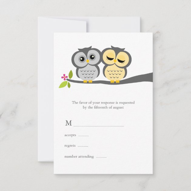 Gray and Yellow Owls Wedding RSVP Card