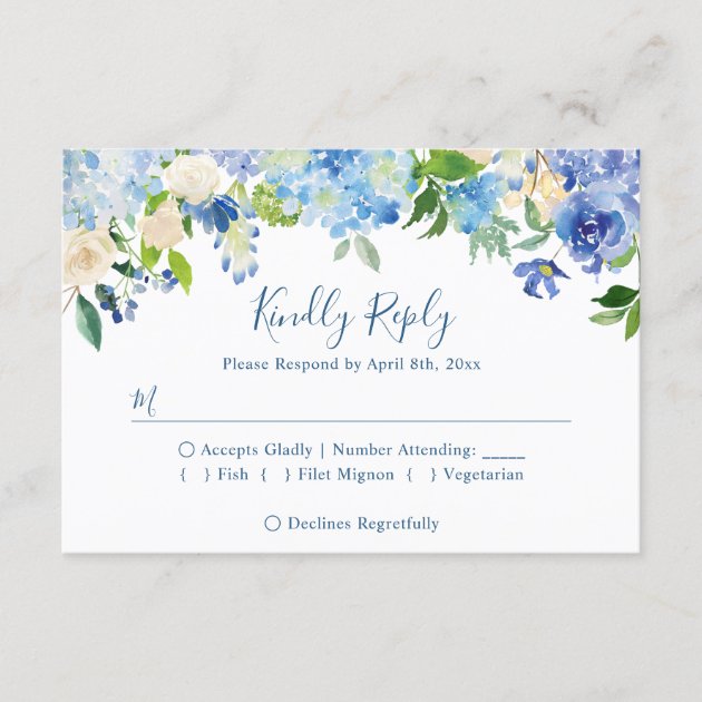 Navy Blue Hydrangeas Floral Wedding RSVP Reply